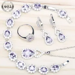 Фиолетовый Циркон 925 серебряный костюм Ювелирные наборы для женщин Свадебные серьги с камни кулон и цепочки ожерелья кольца браслет