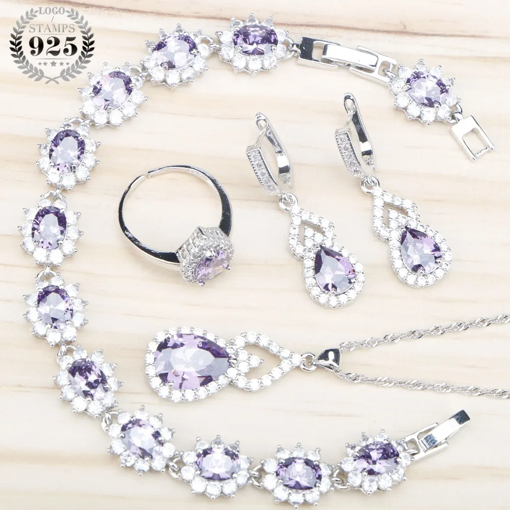 

Purple Zircon 925 Silver Costume Jewelry Sets Women Bridal Earrings With Stones Pendant&Necklace Rings Bracelet Set Gift Box