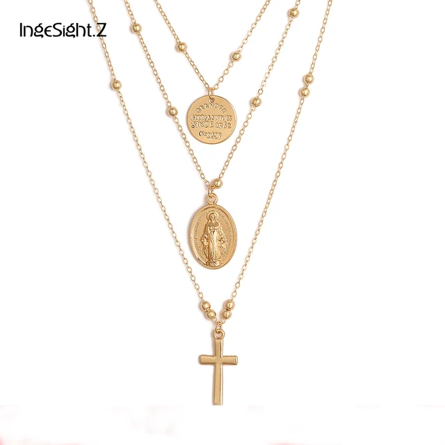 Ingesight Multilayer Cross Virgin Mary Pendant Beads Chain Christian Necklace Go Ingesight Multilayer Cross Virgin Mary Pendant Beads Chain Christian Necklace Go