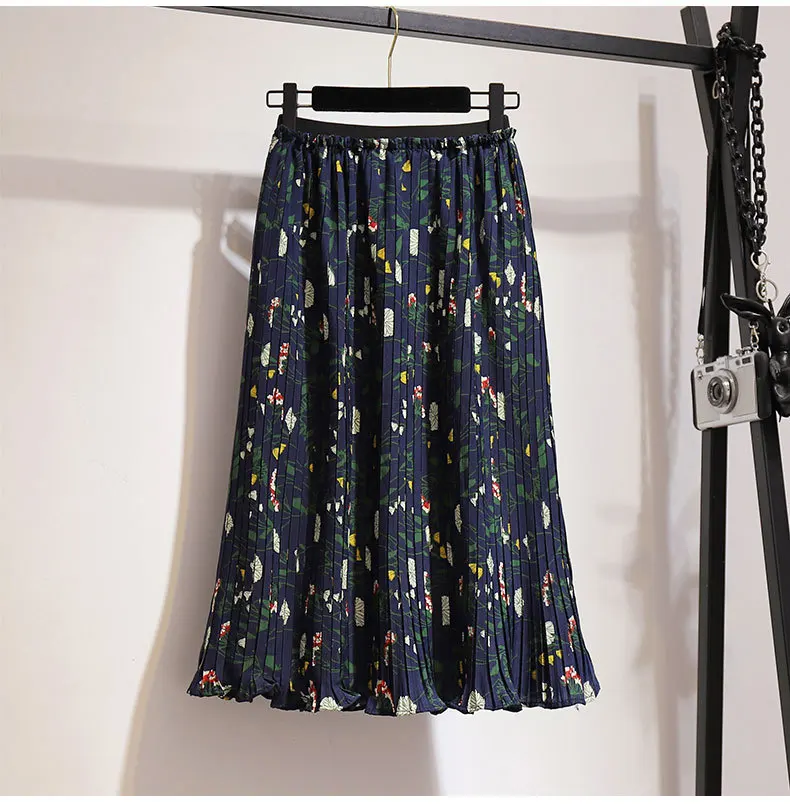Женская летняя юбка с цветочным рисунком большого размера, Свободная шифоновая плиссированная юбка в стиле бохо Ретро, Женская юбка трапециевидной формы с высокой талией и принтом