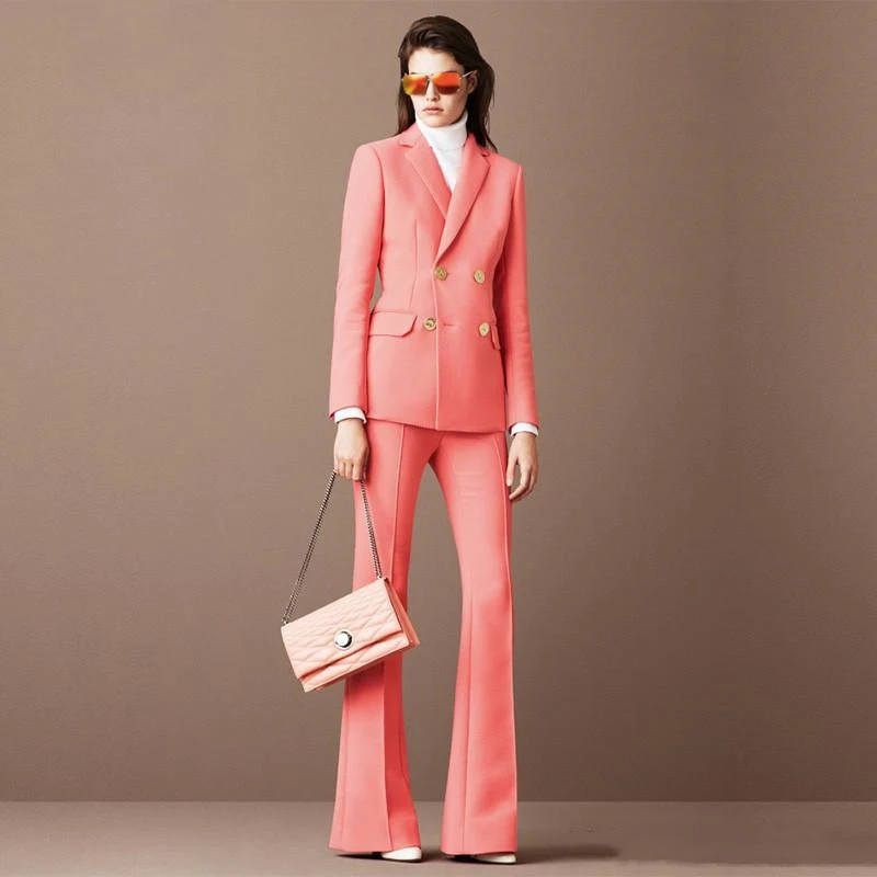 

Jacket+Pants Deep Pink Women's Business Suits Female Office Uniform Blazer Ladies Winter Formal Trouser Suits Double Breasted
