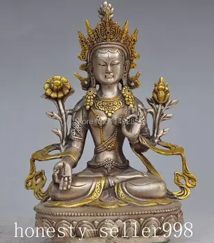 

Metal Crafts 8.7" Tibet Tibetan silver Buddhism gilt copper White Tara Goddess Bodhisattva Buddha Statue