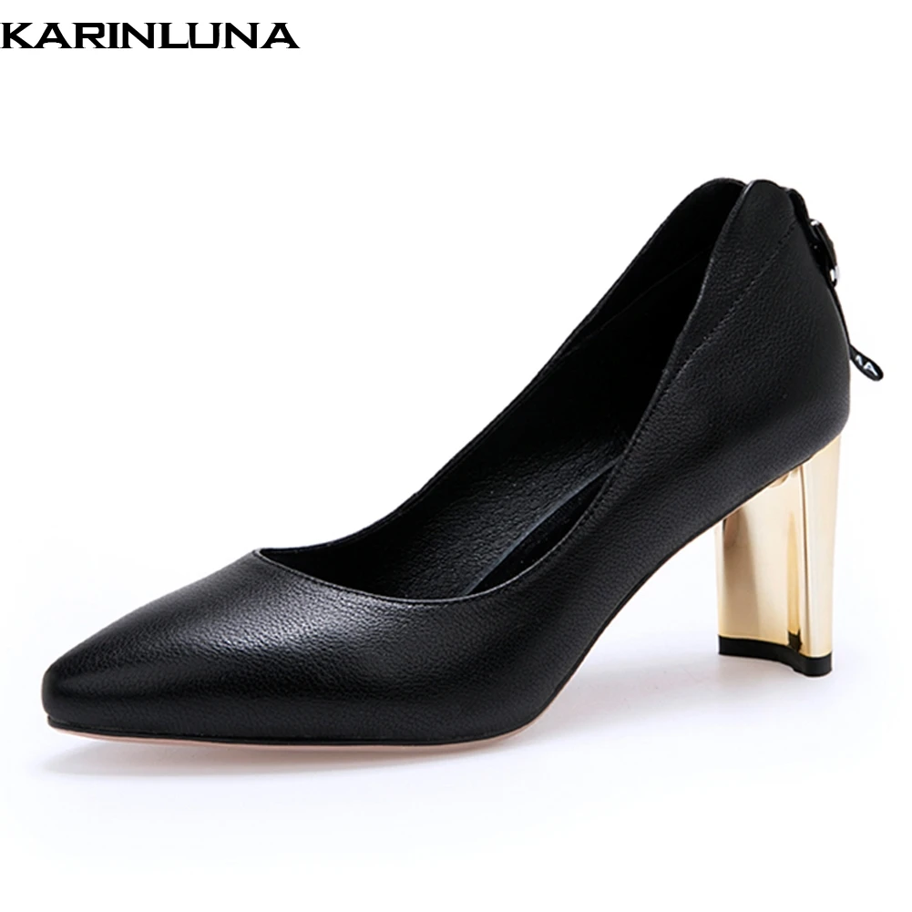 

Karinluna genuine cow leather pointed toe elegant shoes woman strange high heels women shoes pumps female