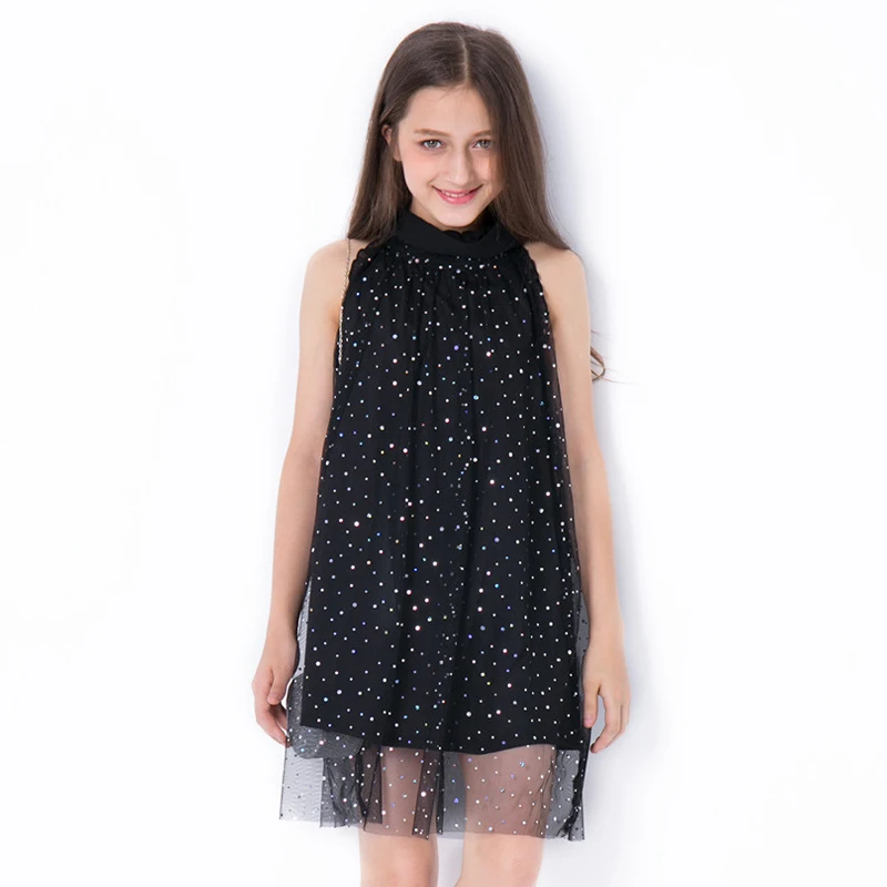 

Fashion Girls Dresses Sleeveless Sequined Black Mesh Dress 10 12 14 years