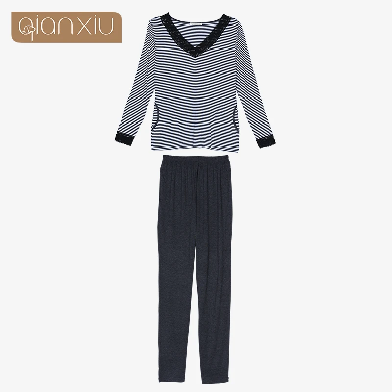 Qianxiu Brand Pajamas Classic Stripes Sleepwear Knitted V-neck Pajamas Set  Women Free Shipping