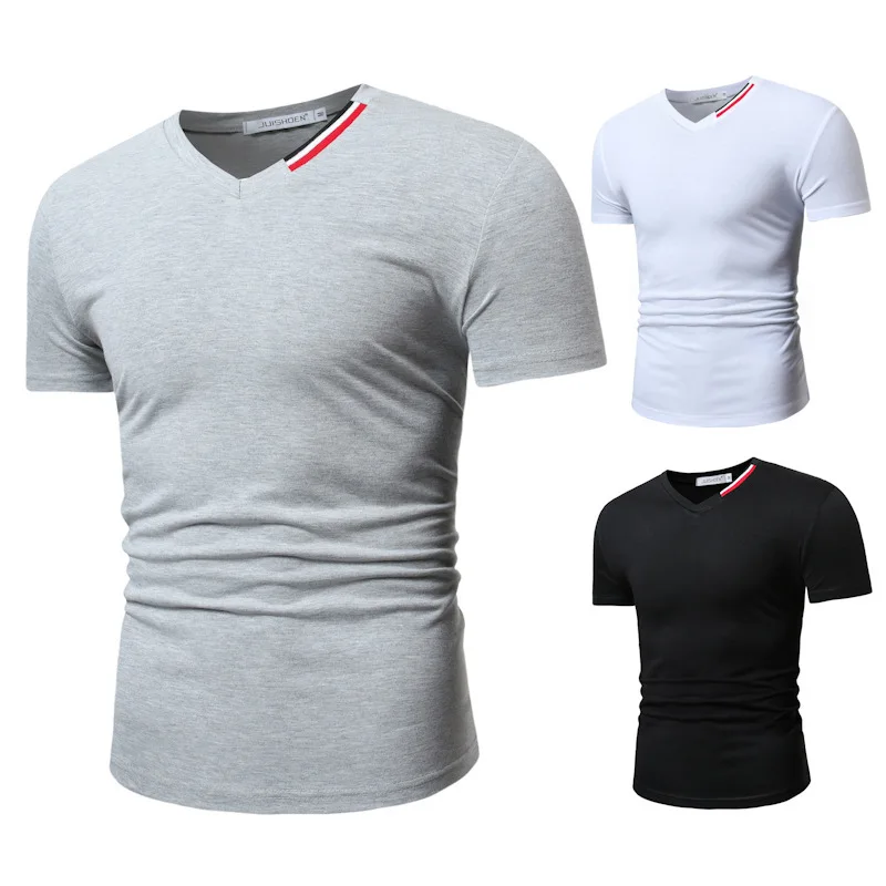 

New Men's Leisure V-collar Short Sleeve T-shirt Men's British Wind Large Size Pure Color Short Sleeve T-shirt