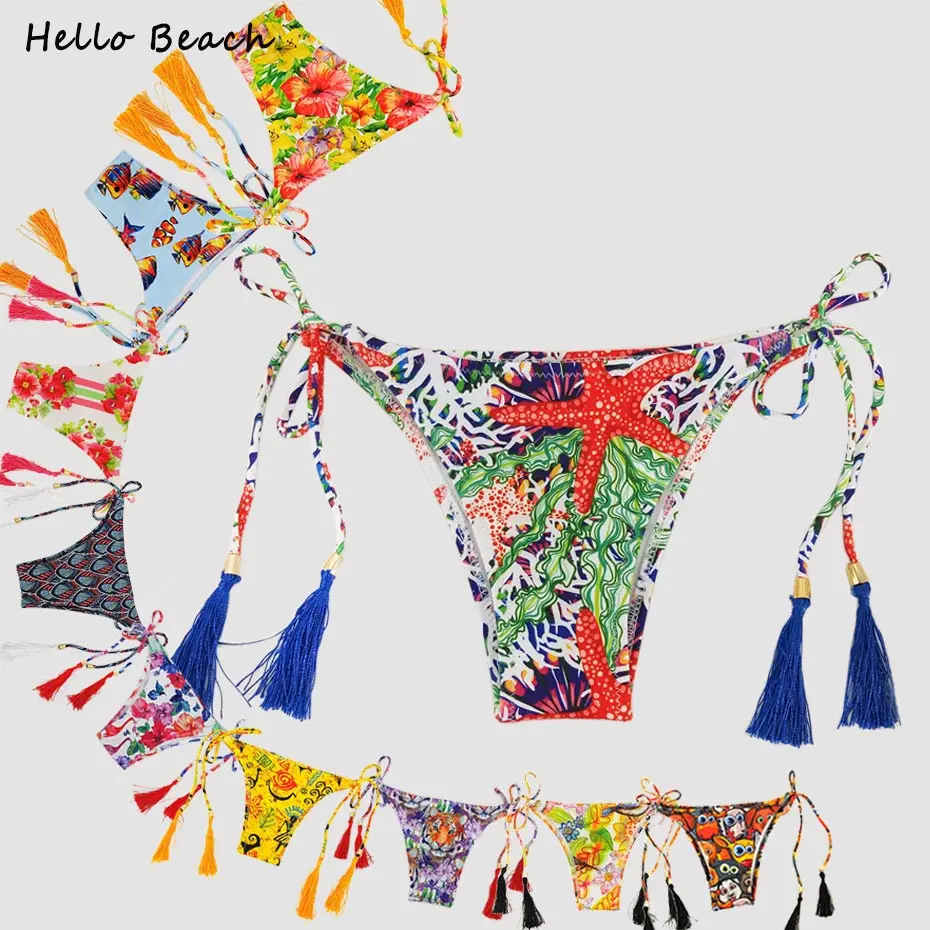 

Bikini Bottoms Thong Briefs Brazilian Biquini Swimwear Female Printed Tanga Swimsuit Women Tassels Micro Strappy Bikini Bottom