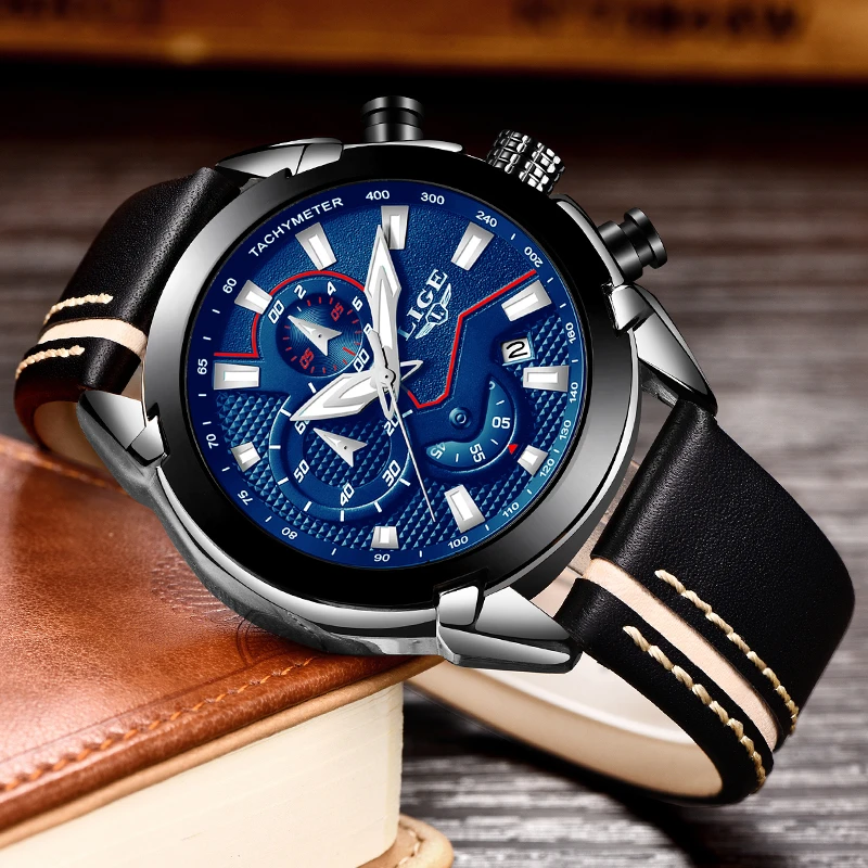 LIGE Brand Men Leather Strap Military Watches Men's Chronograph Waterproof Sport Date Quartz Wristwatch Gifts relogio masculino