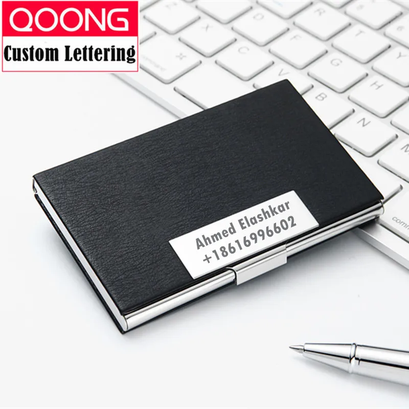 

QOONG Fashion Trend Men Women's Leather Stainless Steel Hasp Business Name ID Credit Card Holder Case Large Capacity Card Bag