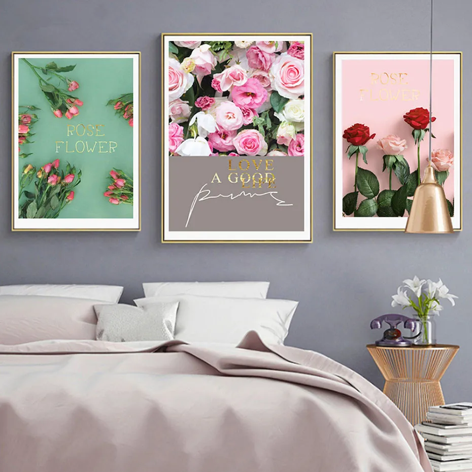Pink romantic Rose Flower Landscape Wall Art Canvas Painting modern Love quote poster and print living room bedroom home decor