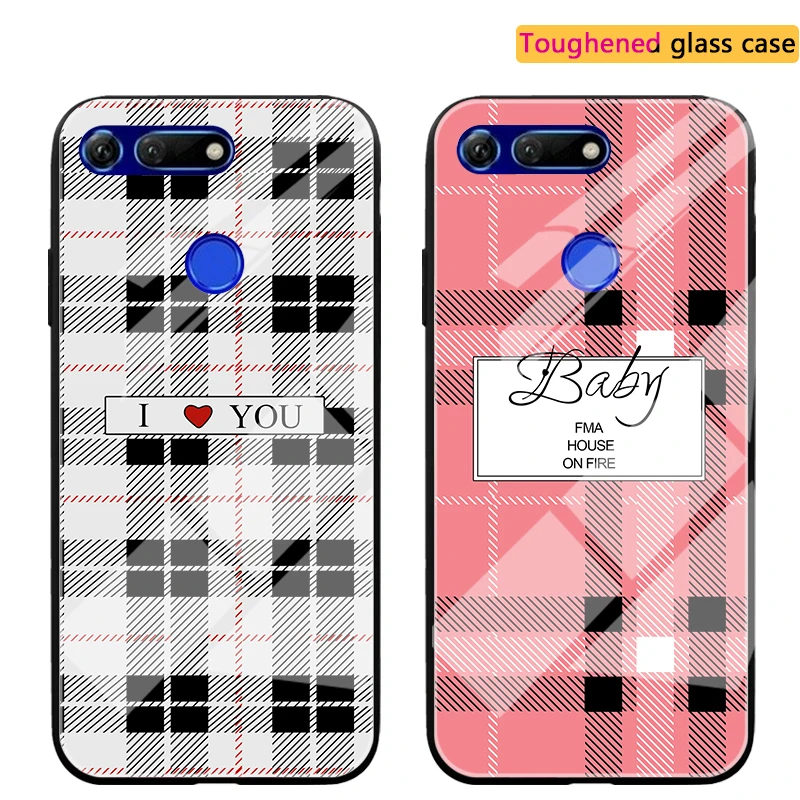 

Simple Love Creative Back Cover For Huawei Honor 10i View 20 V20 Striped plaid glass Cases For Huawei P Smart Plus 2019