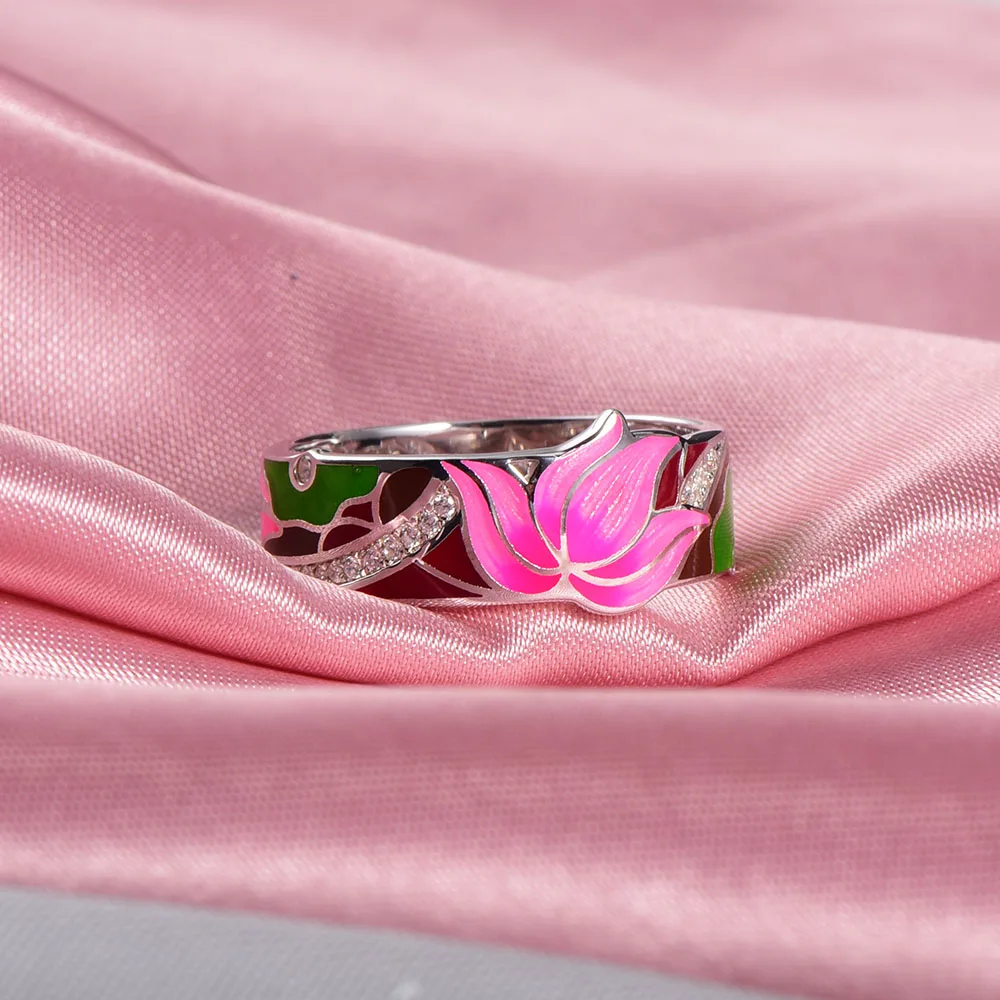 RainMarch богемное эмалированное Лотос серебряное кольцо в форме цветка для женщин 925 пробы Серебряное кольцо обручальные вечерние ювелирные изделия ручной работы