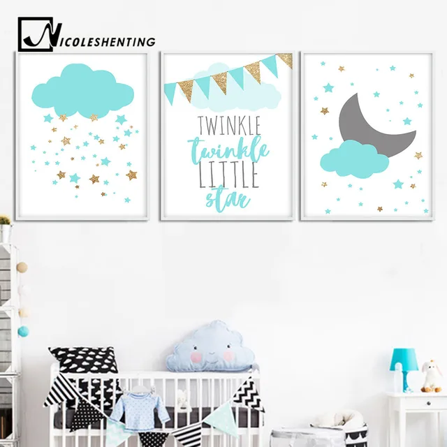 Blue Clouds Moon Nursery Canvas Wall Art Posters And Prints Large Blue Clouds Moon Nursery Canvas Wall Art Posters And Prints Large Painting Nordic Picture Kids