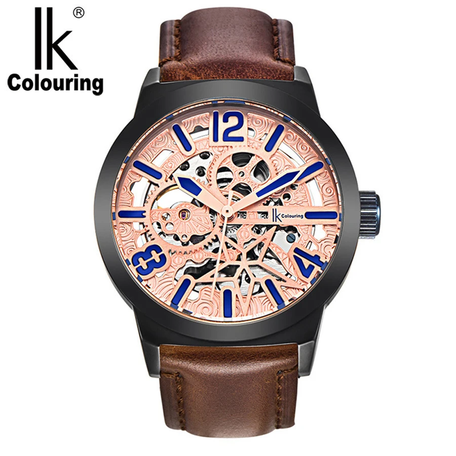 

IK Colouring Army Military Sport Skeleton Mechanical Watch Fashion Leather Men Relogio Masculino Casual Male Clock Wristwatch