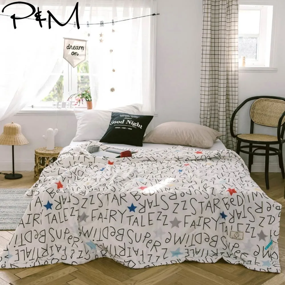 

2019 Simple English Letters INS Towel Gauze Quilting Blanket Summer Thin Quilt Pure Cotton Twin Queen Size Bedspread