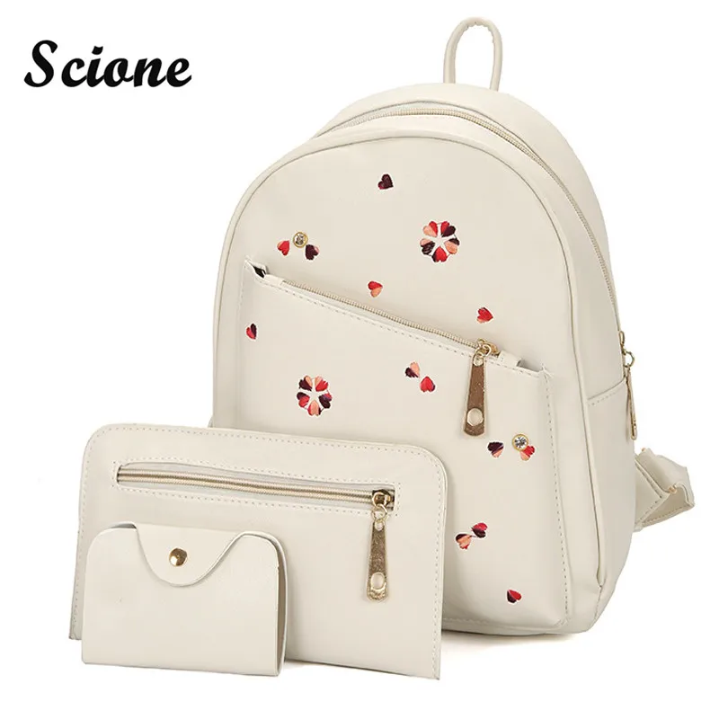 Scione Lovely Heart Embroidery Backpack 3PCS Women Bag Set PU Leather Travel Backpacks Rucksack Preppy Style