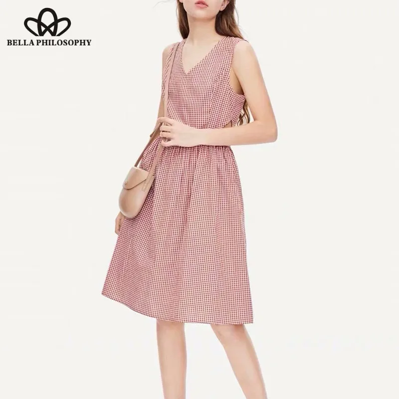 2019 NEW Summer Sleeveless Plaid Mini Dress Vintage Sexy Female Hollow Out Dress Casual V-Neck Lady Holiday Beach Dress Wonder