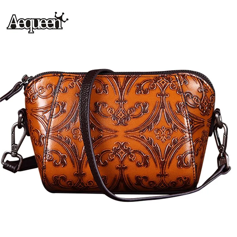 AEQUEEN Embossed Genuine Leather Shell Crossbody Bag Retro Women