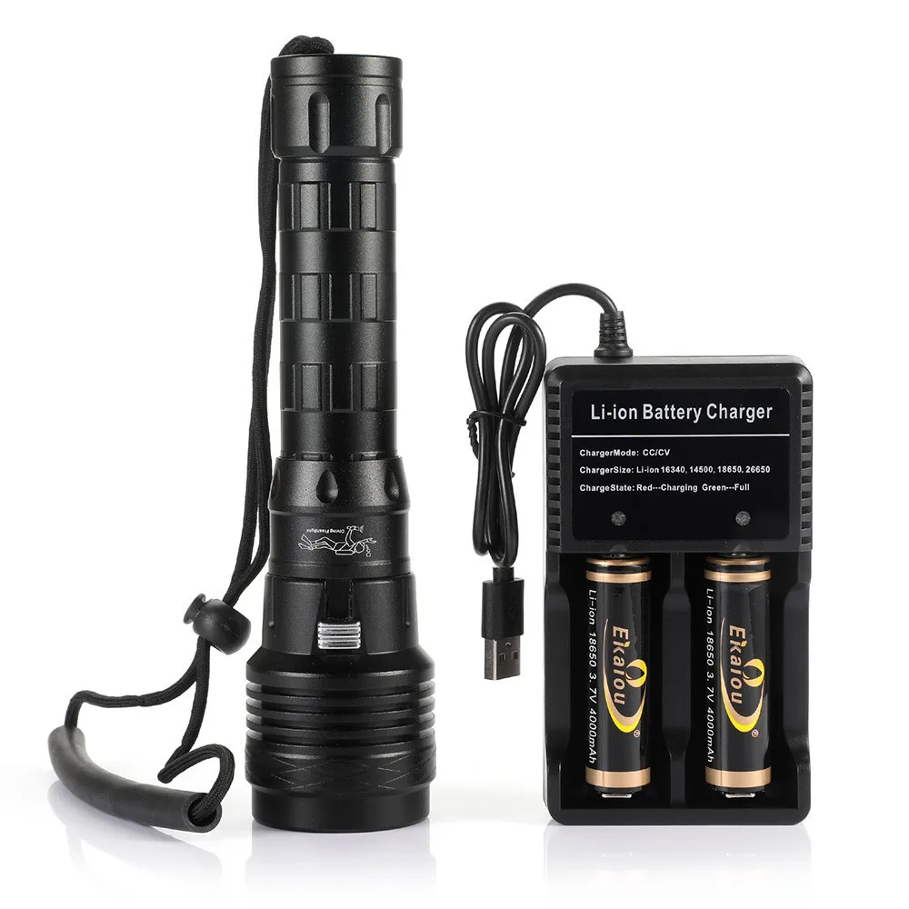

LED Diving flashlight XHP50 Underwater light 6000 Lumen Waterproof torch 18650 Battery light for Underwater sports