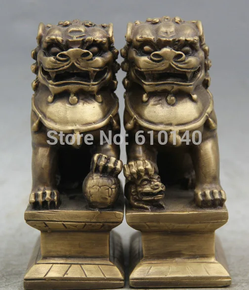 

4" Chinese Folk Fengshui Copper Foo Fu Dog Guardion Lion Statue Sculpture Pair