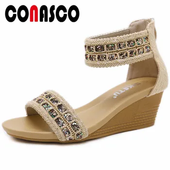 

CONASCO 2019 Summer New Ankle-Wrap Women Sandals Back Zippers Women Pumps Casual Shoes Woman Concise Elegant Party Basic Shoes