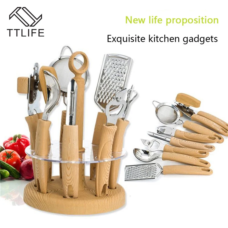Ttlife 8 Pcs Kitchen Utensil Set Stainless Steel Cooking Tools Sets Ttlife 8 Pcs Kitchen Utensil Set Stainless Steel Cooking Tools Sets Gadgets Tool With Wood Holder Bottle Opener