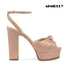 Fashion Women Chunky Heel Sandals Platform Pumps Ankle Strap Knotted Heels Summer Shoes Lady Party Wedding Dress Shoes elegant women s pumps with chunky heel and ankle strap design