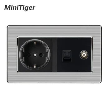 

Minitiger EU Standard Wall Socket + Female TV Jack With RJ11 2 Core Telephone Connector Stainless Steel Brushed Panel