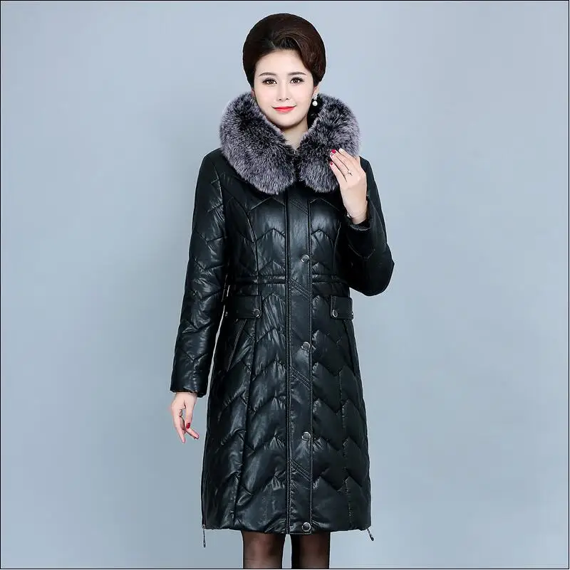 Winter Soft Leather Thicken Warm Jacket Women New PU Parka Large Fur Collar Coats Female Long Parkas Outerwear Large Size 6XL - Цвет: Черный