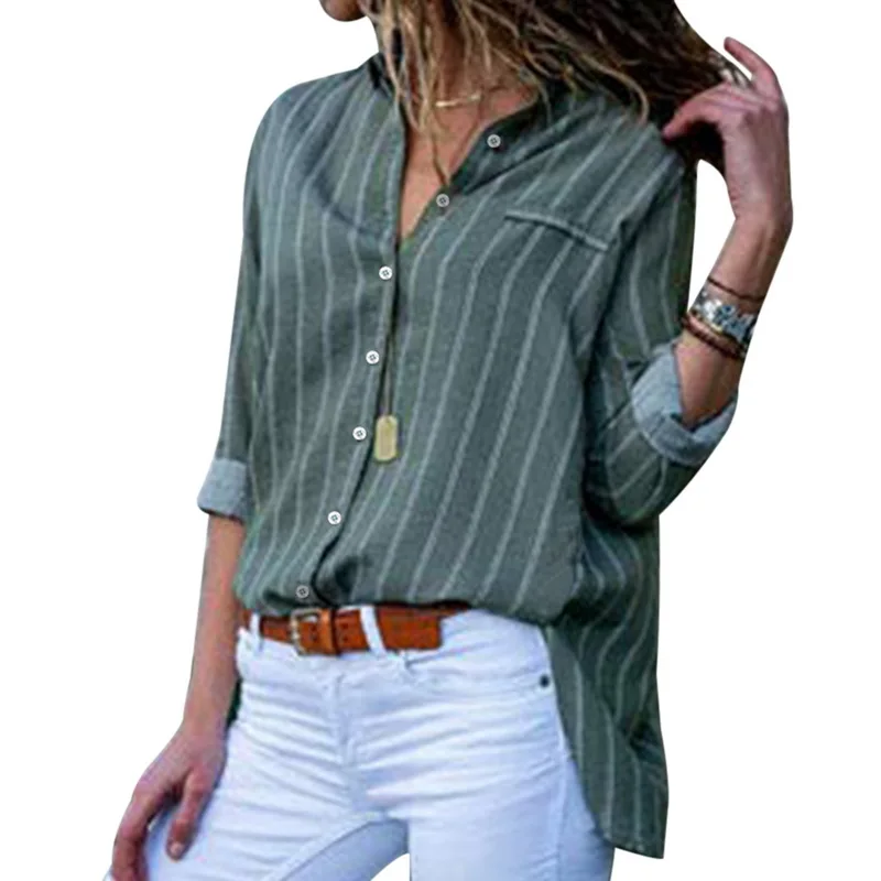 CALOFE Ladies Blue Striped Women Shirts 2018 Summer Autumn Casual Busniess Shirts Femme Brand Long Sleeve Blusas Loose Hot Blouses