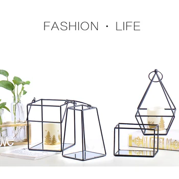 

Home Decoration Accessories Metal Geometry Crafts Hanging Ornament Glass Metal Craft Mirror Candlestick Decor Gift Modern Simple