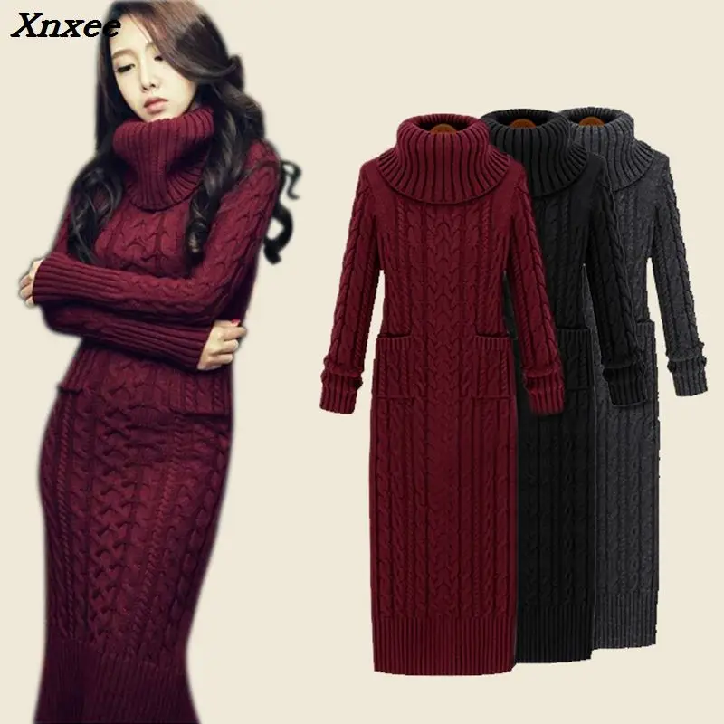 

Ladies twist turtleneck long wool dress knee Vintage slim winter knitted dress Xnxee