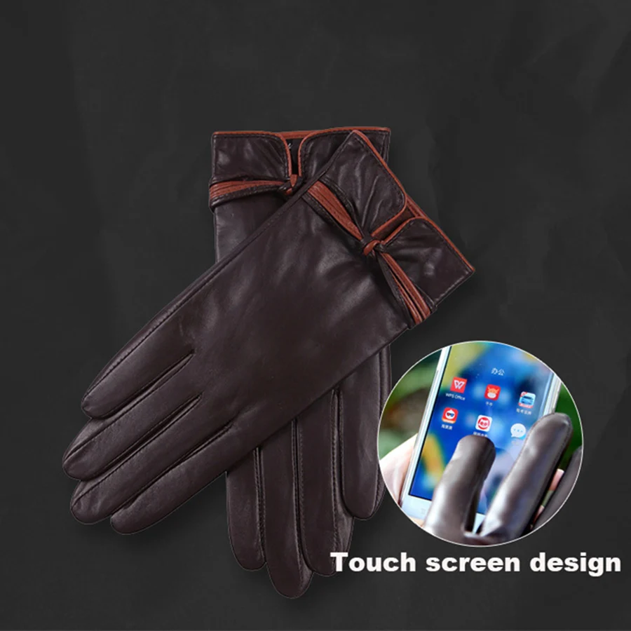 Hot new ladies leather gloves autumn and winter warm plus velvet thick touch screen Korean gloves female L18011NC-5