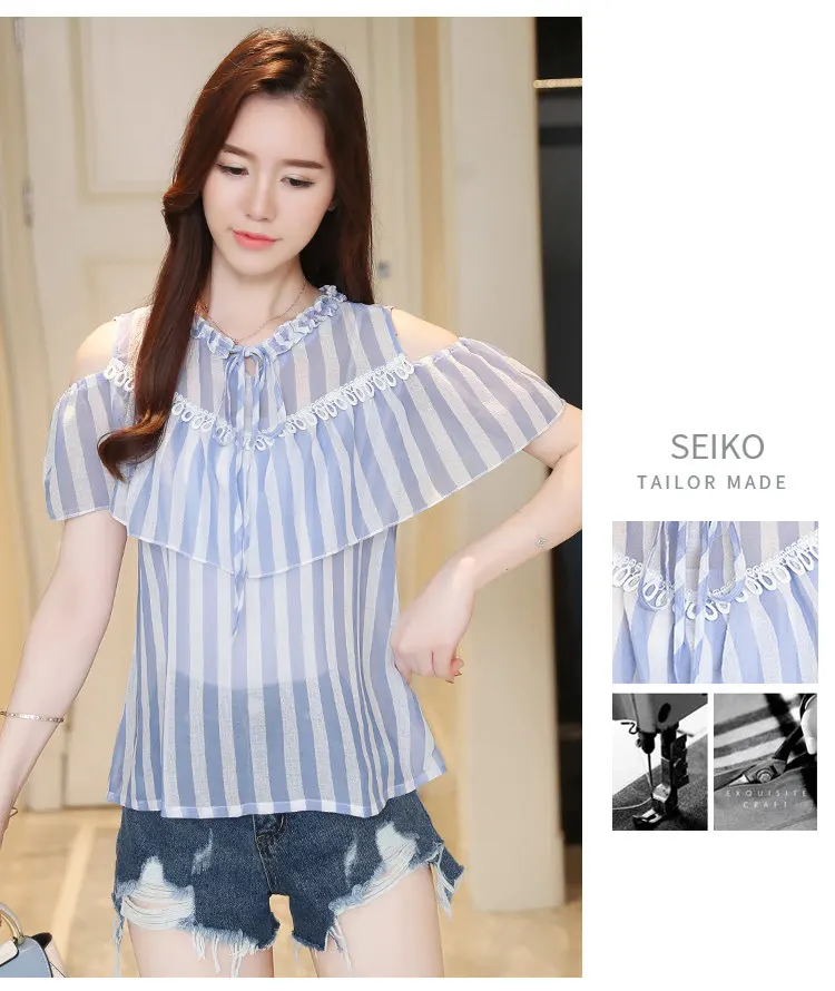 2018 New Women Chiffon Blouse Ruffled Striped Shirts Summer Open Shoulder Tops Blouses Women Fashion Bow Blusas Femininas Shirt (4)