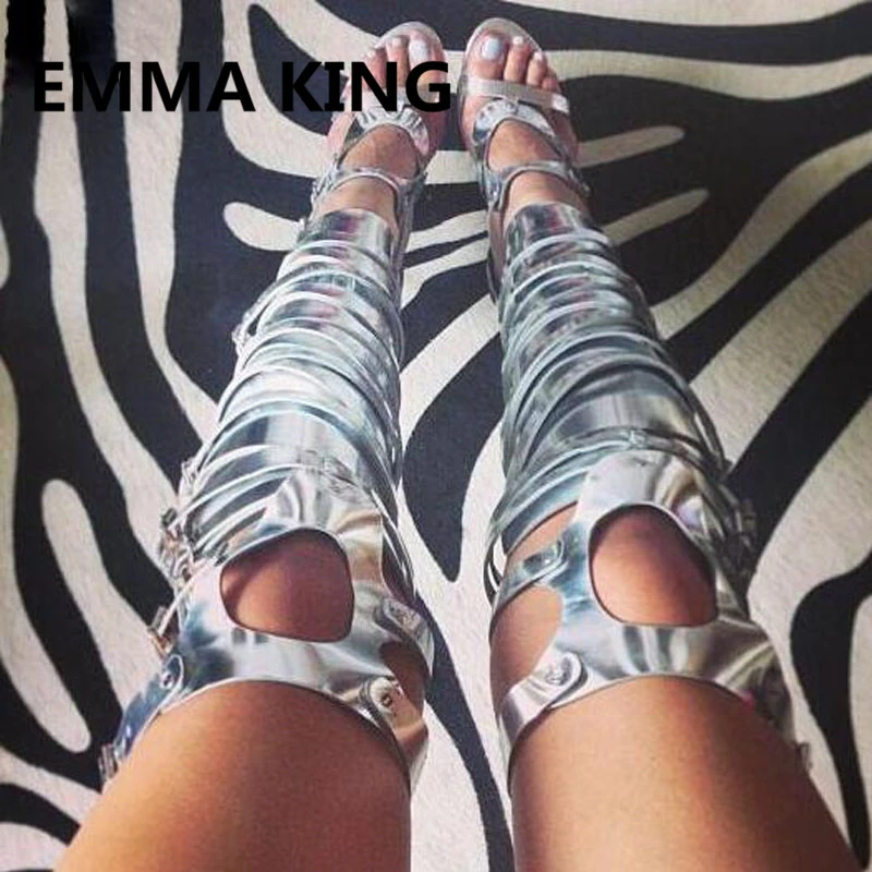 silver thigh high strappy heels