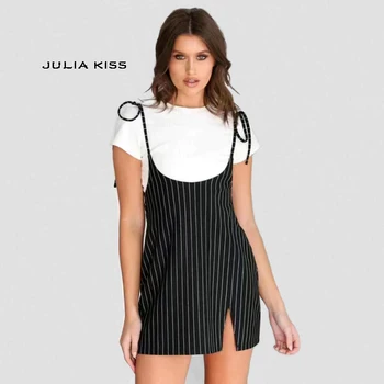 

Women Tie Shoulders Suspender Mini Skirt with Split Front