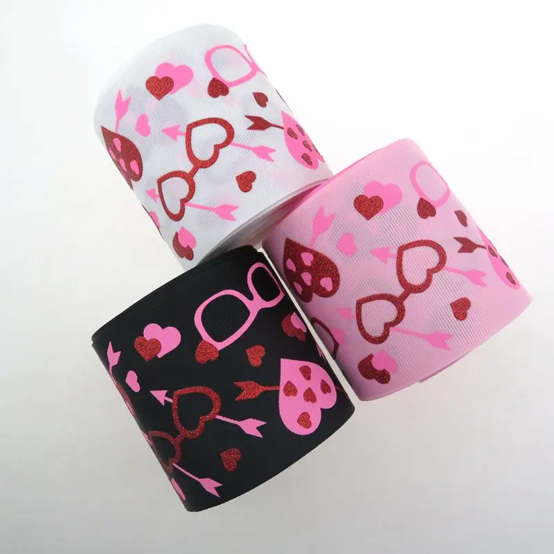 

New Arrival Valentine's Day ribbon ,75mm ink and red glitter printed with grosgrain ribbon , DIY jojo siwa bow