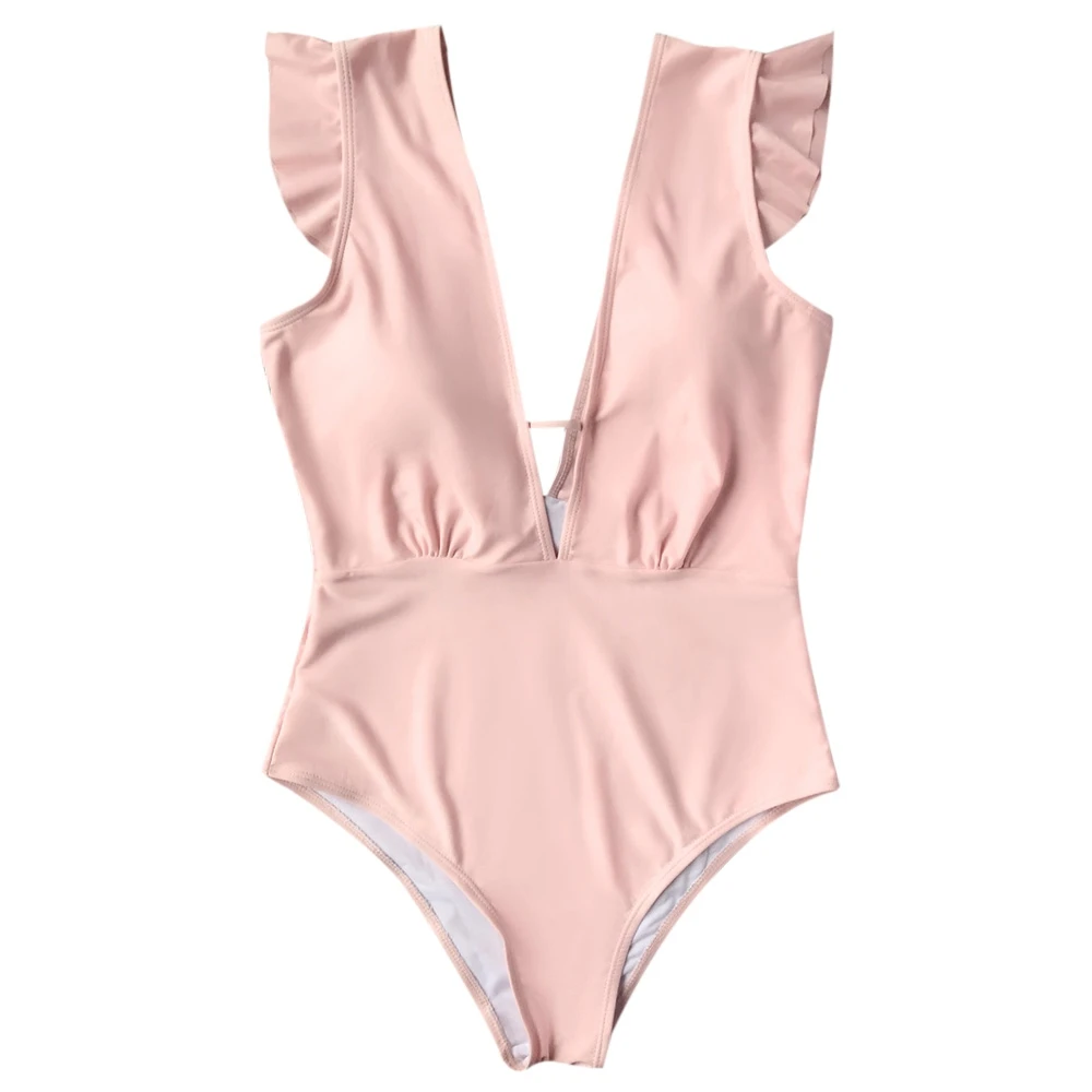 2018 Summer Ruffle One Piece Swimsuit Pink Cap Sleeve Women Swimwear Sexy Plunging Neck Monokini