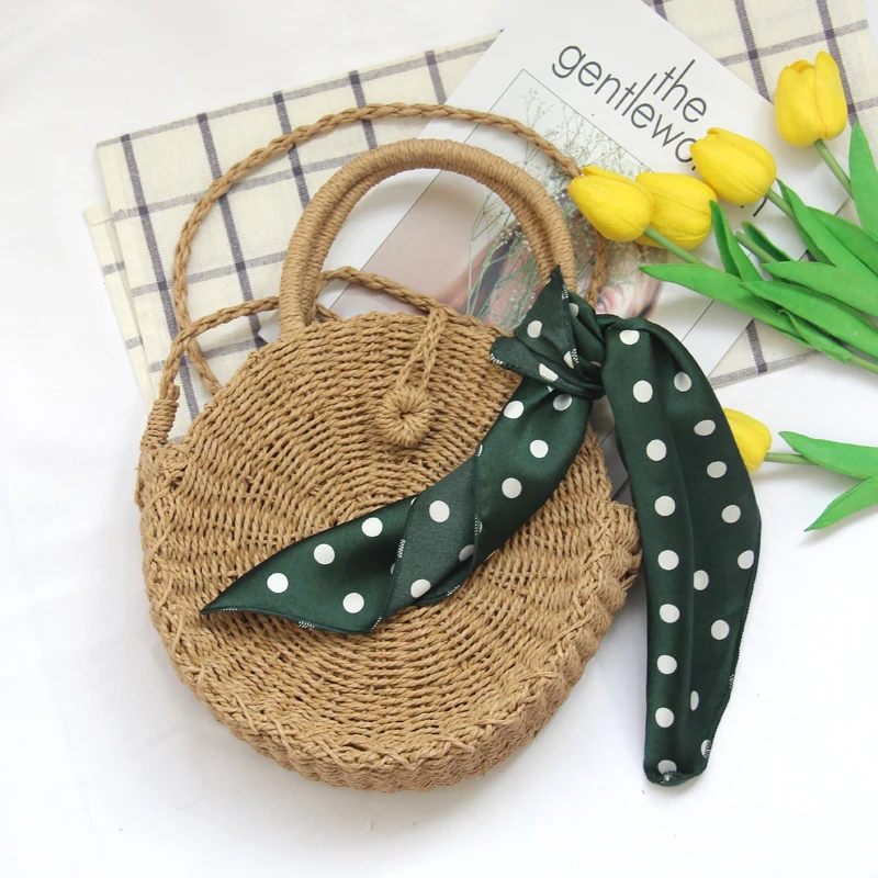 

Round Circle Straw Bags For Girls Women Small Mini Top-handle Handbags Lady Causal Holiday Countryside Summer Beach Bags Purses