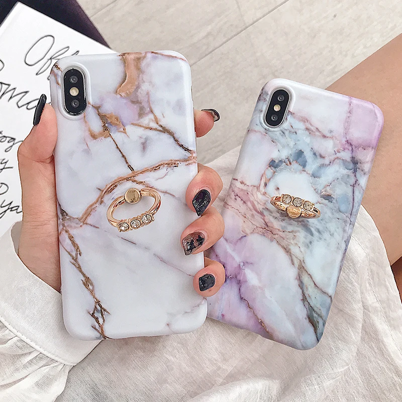 

Marble Texture Metal ring Holder Phone Case For Iphone XR XS Max 8 7 Plus X 6 6S Plus Colorful Soft IMD Phone Back Cover Coque