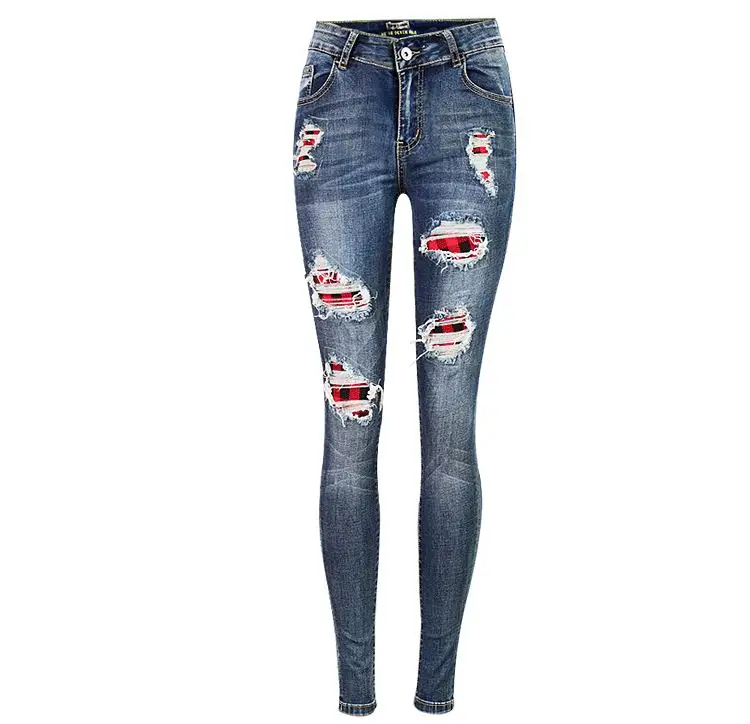 SupSindy, женские джинсы, Роскошные, с высокой талией, обтягивающие, красные, в клетку, рваные, джинсы для женщин, дикие, тонкие, узкие брюки, рваные, джинсовые брюки
