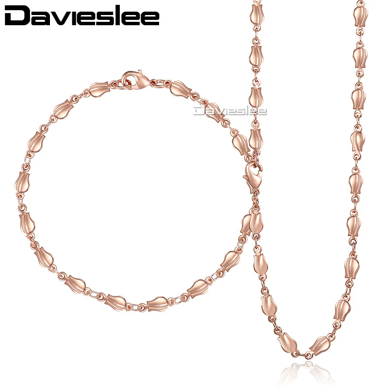 

Davieslee Woman Jewelry Set 585 Rose Gold Bracelet Neckalce Set Tulip Bud Beads Chain Wholesale Dropshipping Jewelry 4mm LGS256