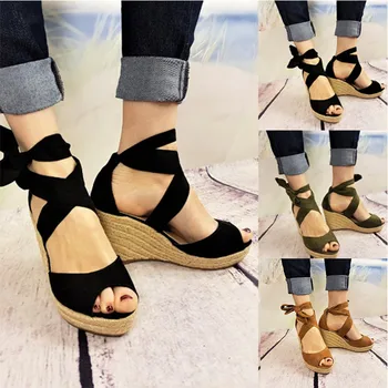 

LZXGSJ 2018 NEW Euramerican Fashion Woman Summer Shoes Sandals Cross Strap Super High Wedges Open-toed Casual Lace-up Platform