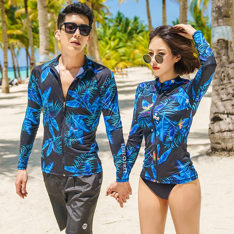Blue Print Leaves New Surfing Suit Couples Korean Swimwear Long Sleeves