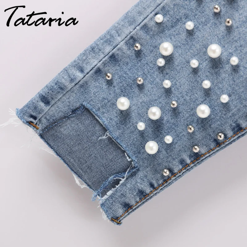 Tataria Skinny Ripped Jeans Woman Distressed Hole Beads Pearl Women Jeans With Pearls Denim Pencil Pants Woman Jean Femme 2018 Tataria Skinny Ripped Jeans Woman Distressed Hole Beads Pearl Women Jeans With Pearls Denim Pencil Pants Woman Jean Femme 2018