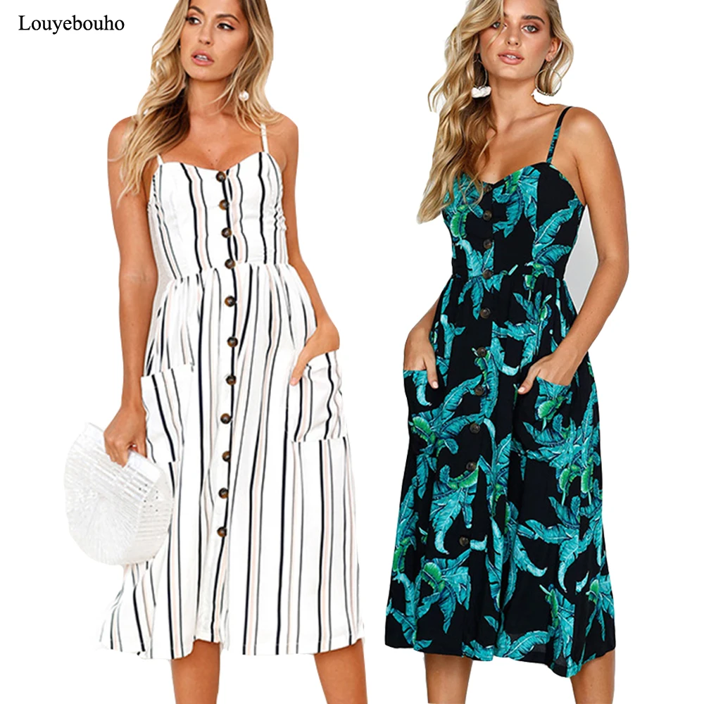 

2019 Women Summer Beach Dress Sexy Spaghetti Strap Buttons Floral Striped Solid Backless Midi Bohemian Sundress Vestidos 3XL HOT