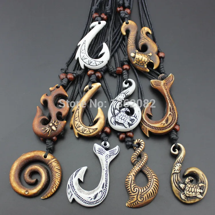 Wholesale 10pcs Mixed Style Hawaiian Hand Carved Imitation Bone Maori Fish  Hook Pendant Necklace Amulet Gift Mn428 - Necklace - AliExpress