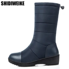 Русские зимние сапоги; женские теплые высокие сапоги до середины икры; Модные женские зимние сапоги на меху с круглым носком; водонепроницаемая обувь; botas
