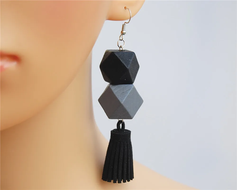 

1pair Women Earrings Gray Black Square Wooden Beads Black Suede Velvet Tassel Romantic Earrings