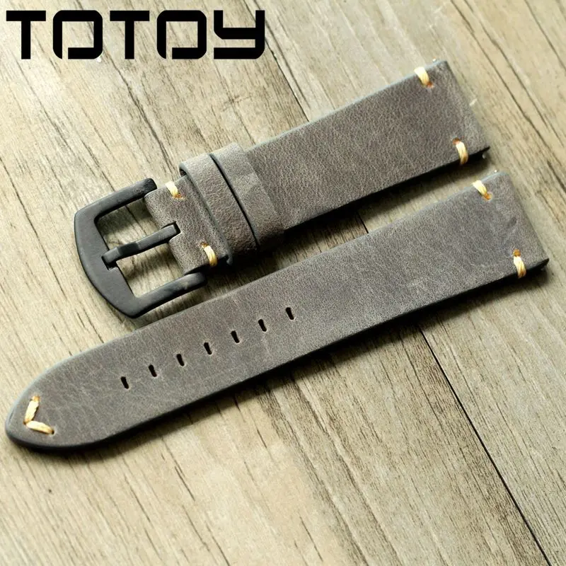 Ремешок для часов TOTOY ручной работы дымчато серый из кожи Крейзи Хорс 18 мм 20 22